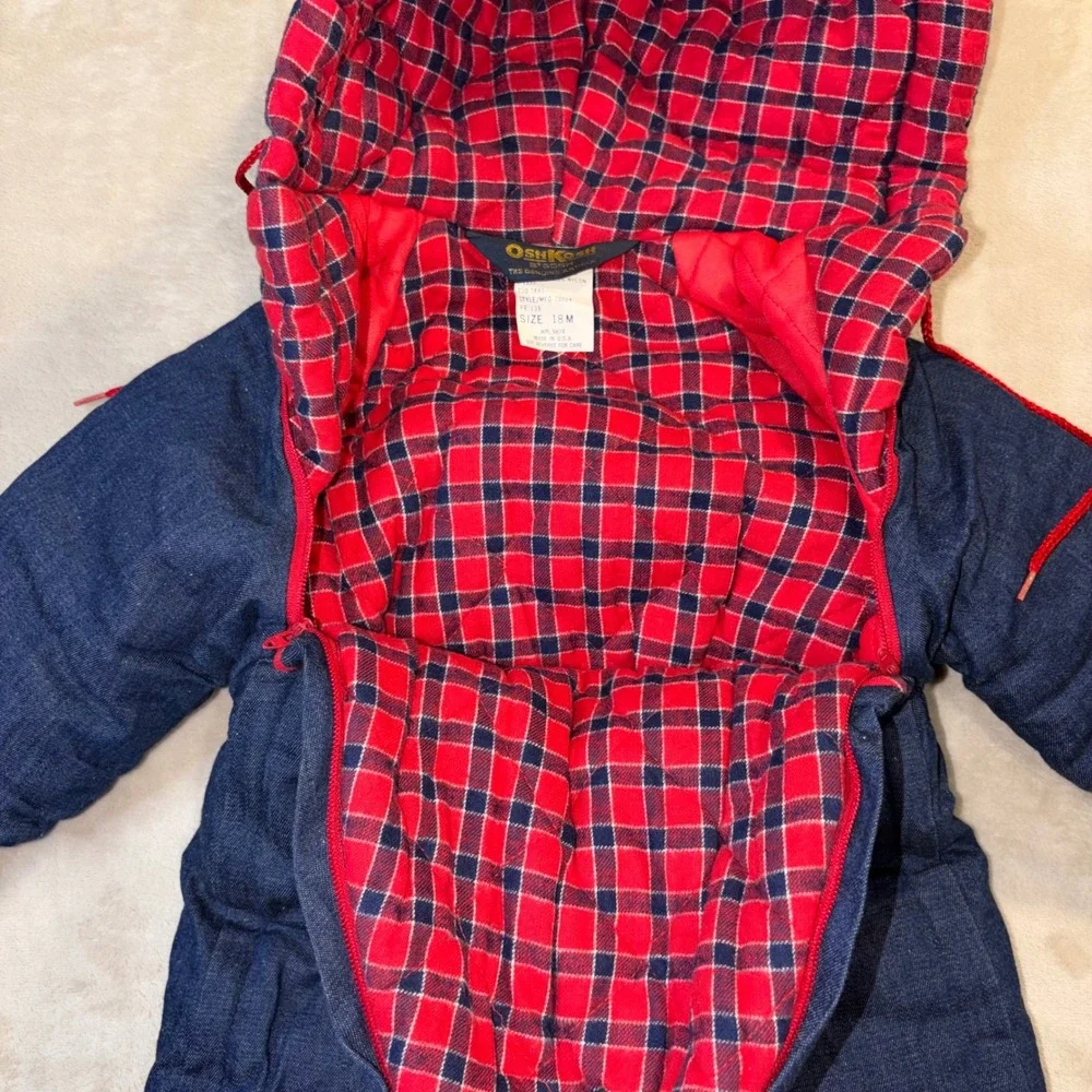 Vintage OshKosh Bgosh Denim Snowsuit Plaid Lined Bunting Mittens Booties 18M